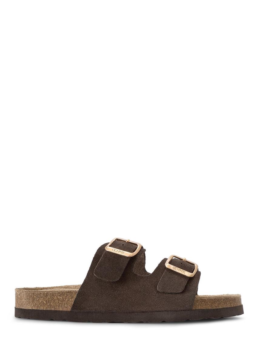 Women's leather slides in dark brown BUTYD-1158-1I(W26)