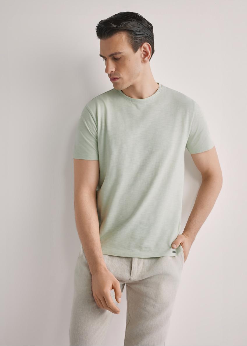 Men's sage cotton T-shirt TSHMT-0149-8F(W26), front view of the product on the model. Half of the silhouette visible.