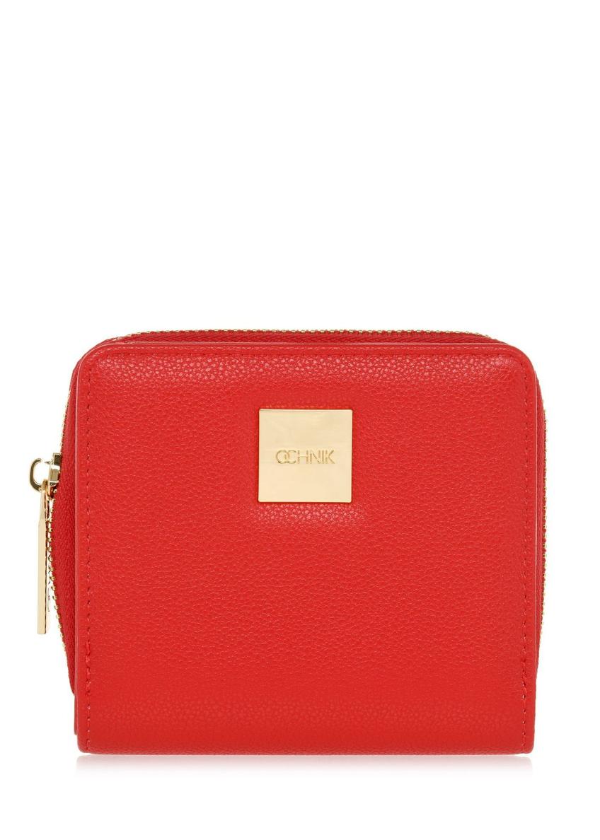 Small red women's wallet with logo POREC-0366-4A(W26), front product view on white background.