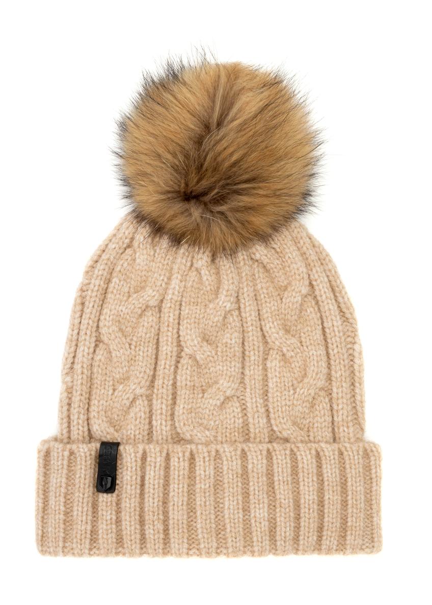 Beige women's hat with fur pompom CZADT-0044A-81(Z25), product view from the front on a white background.