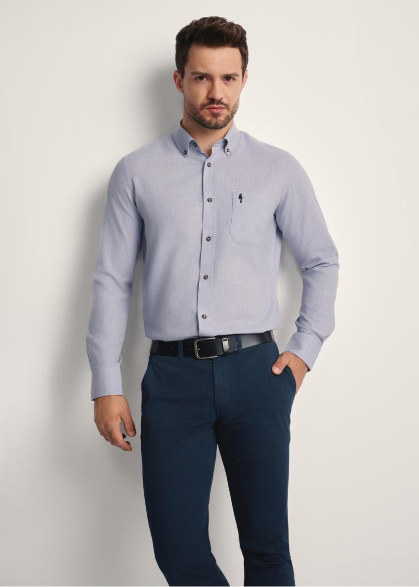 Blue cotton men's shirt KOSMT-0299A-62(Z25), front view of the product on the model. Half of the silhouette visible.