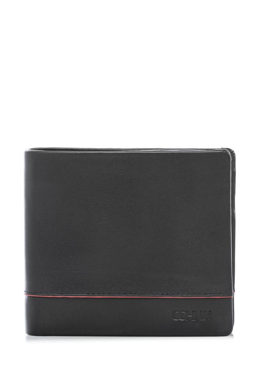 Black small leather men's wallet PORMS-0696-9J(W26), front product view on white background.