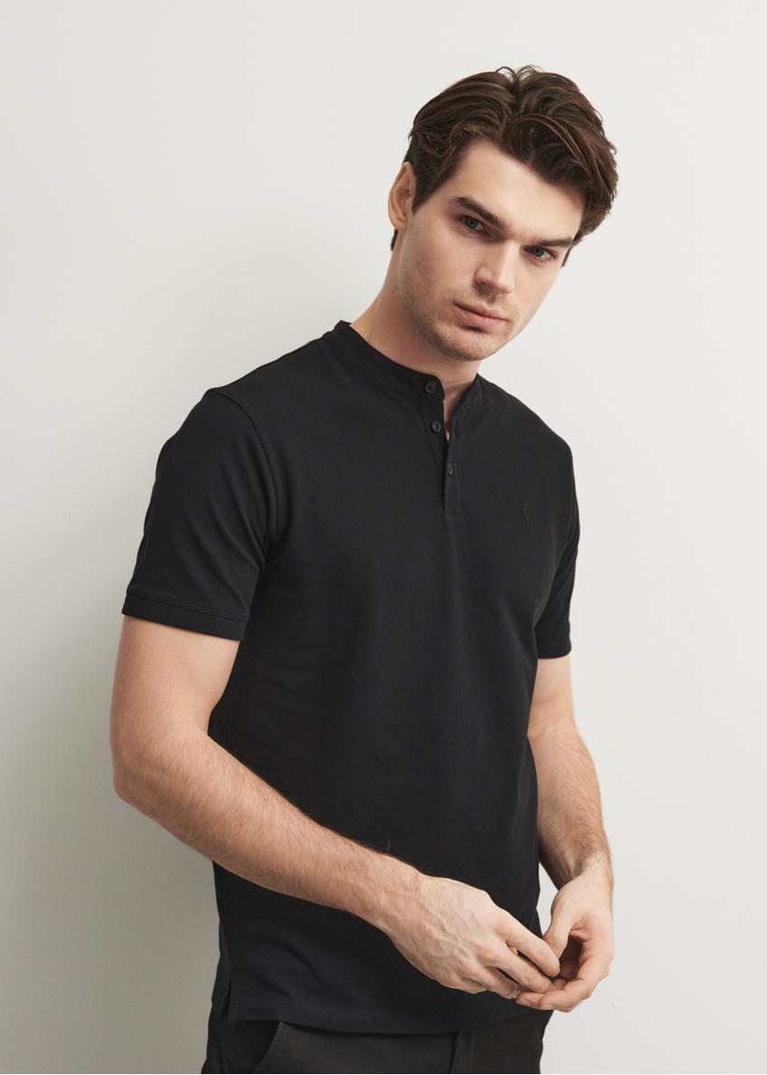 Black polo shirt with stand-up collar POLMT-0061-99(W24)-01