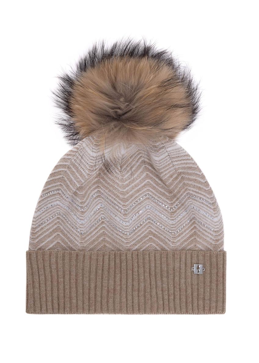 Beige women's winter hat with zircons CZADT-0187-81(Z24)