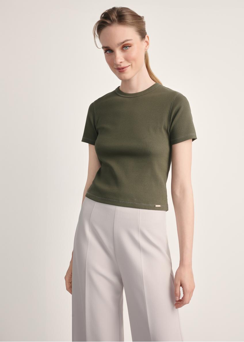 Women's khaki T-shirt TSHDT-0145-55(Z25), product visible from the front on the model, half of the silhouette visible.