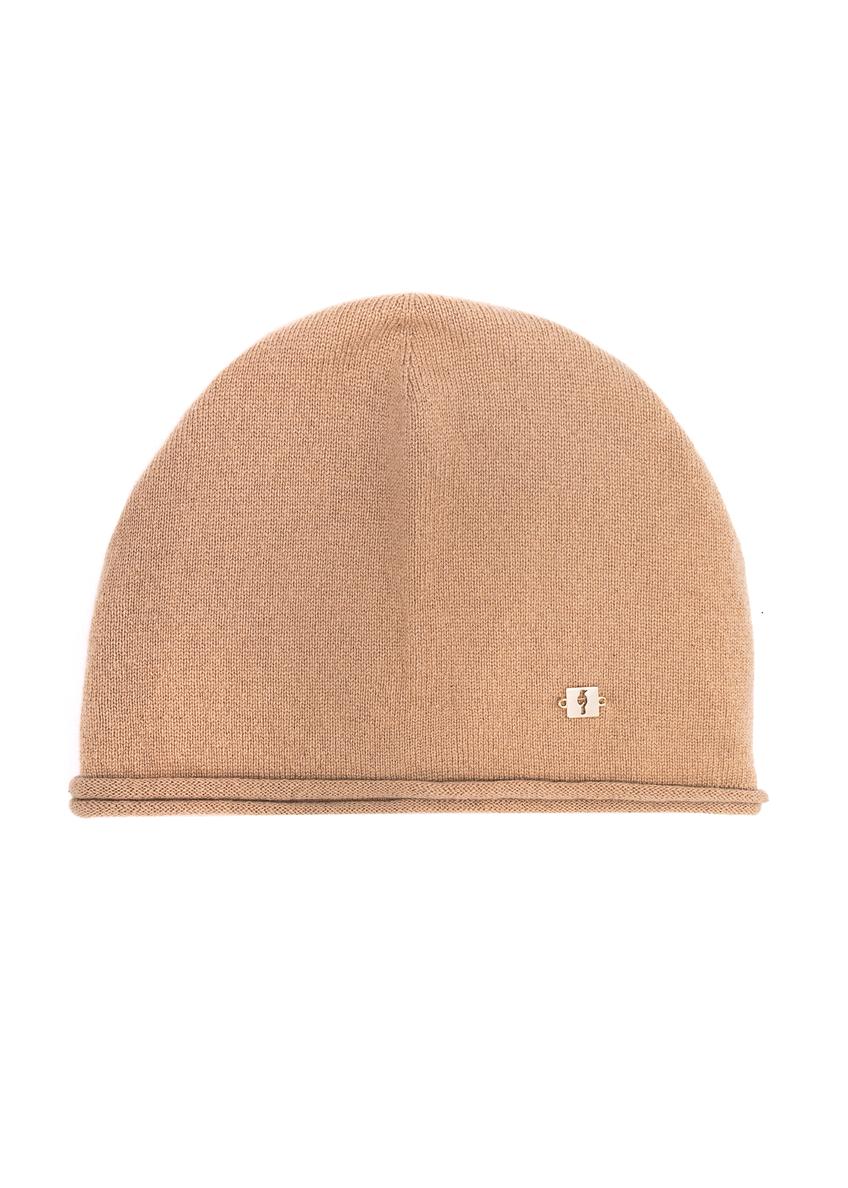 Beige women's cashmere hat CZADT-0043-81(Z25), product view from the front on a white background.