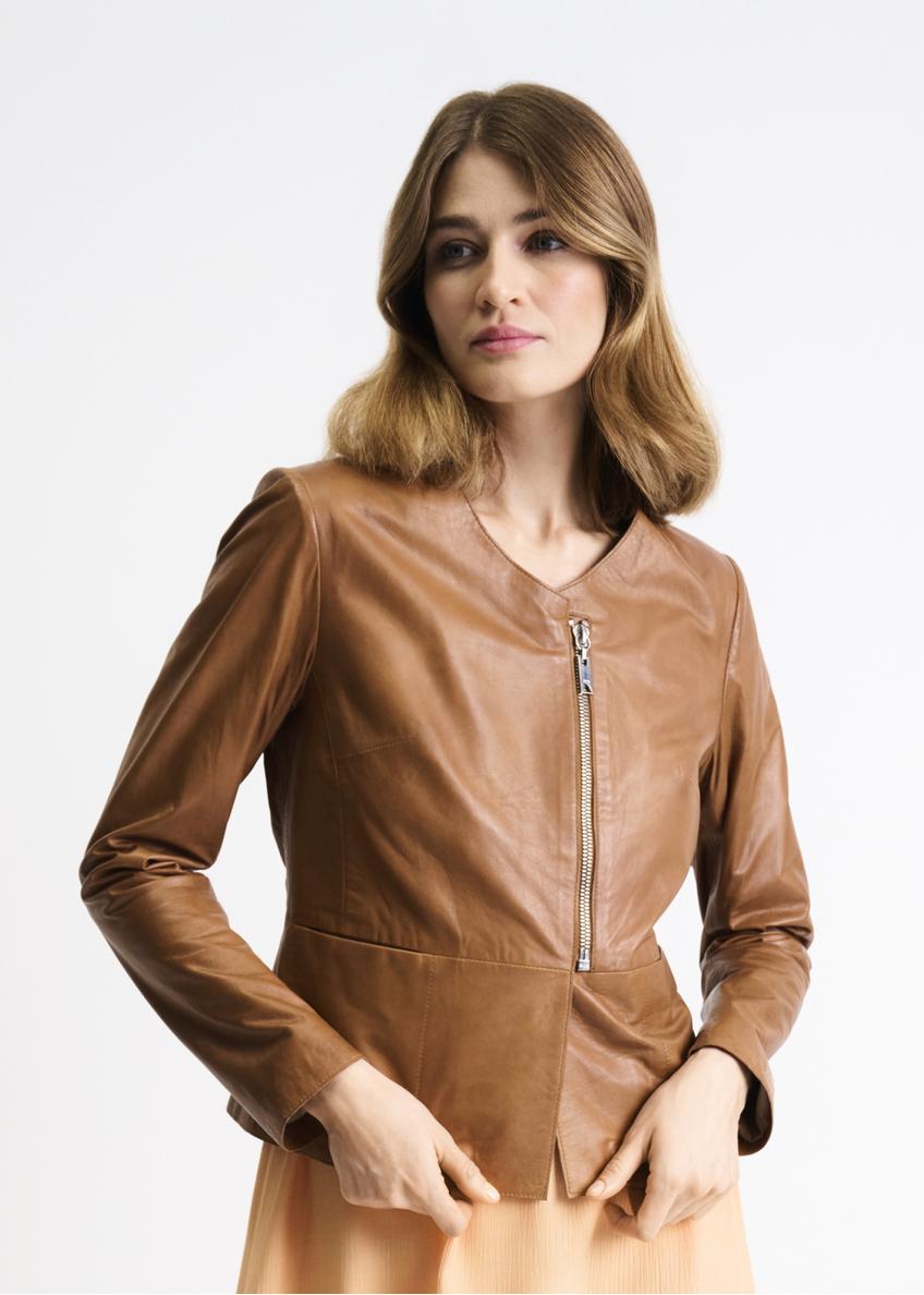 Women's cognac leather jacket KURDS-0232-1228(Z23)-01