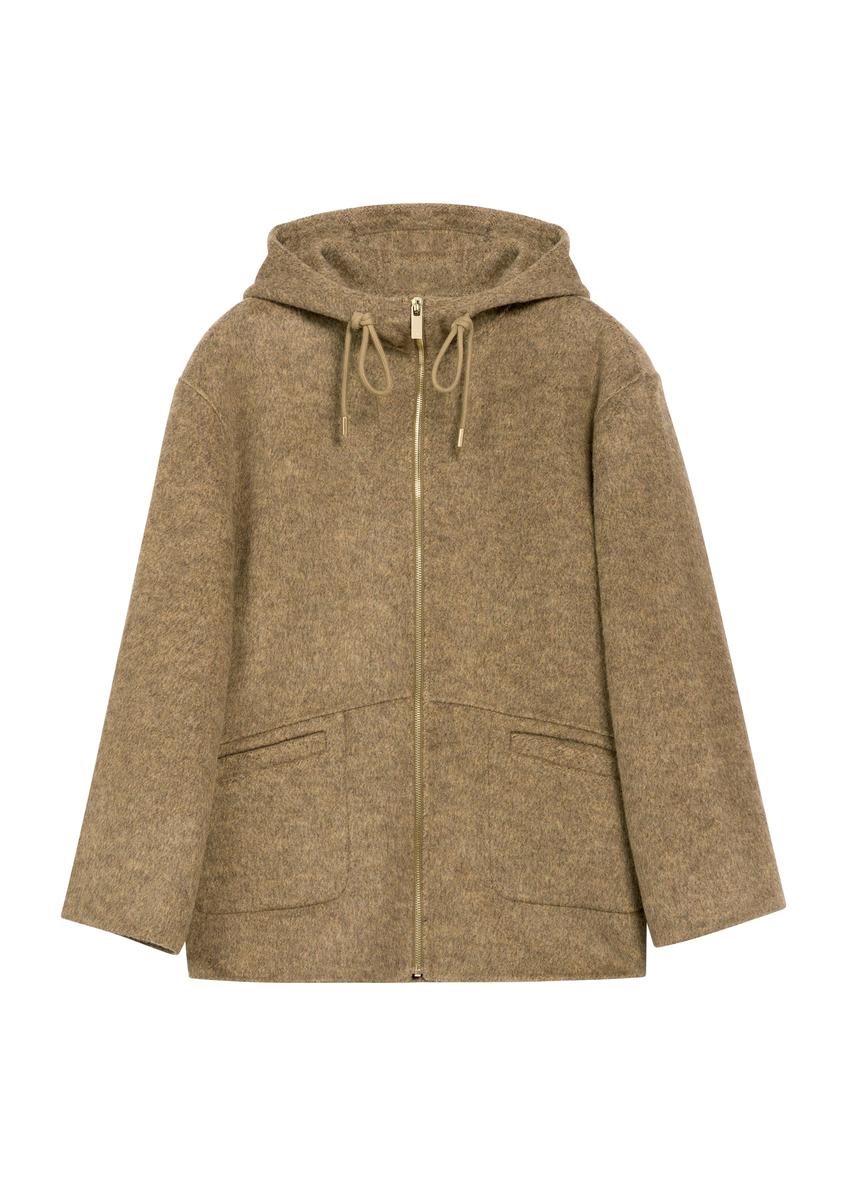 Brown women's wool coat with hood PLADT-0064-89(Z25), product view from the front on a white background.