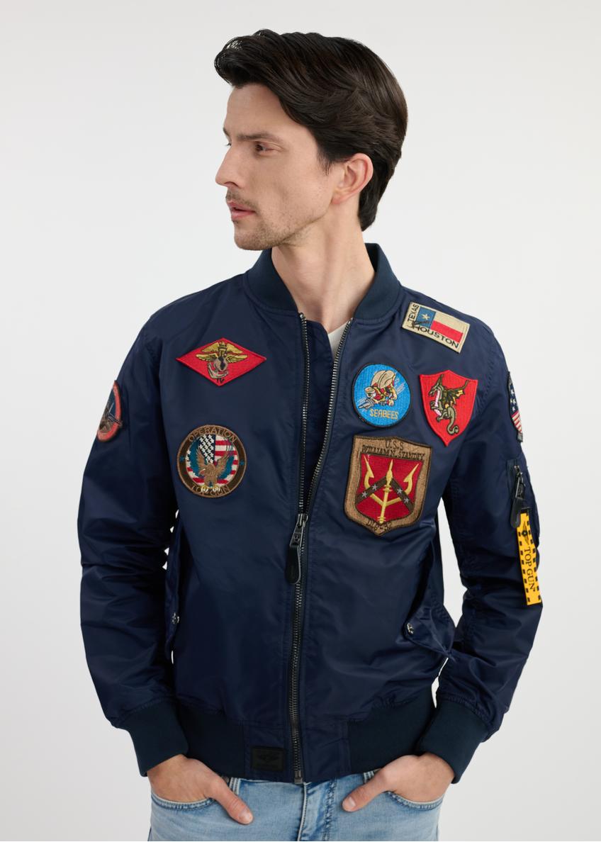 Navy men's TOP GUN KURMT-0381-69(W25) pilot jacket - front view on a model on a white background. Half of the silhouette visible.