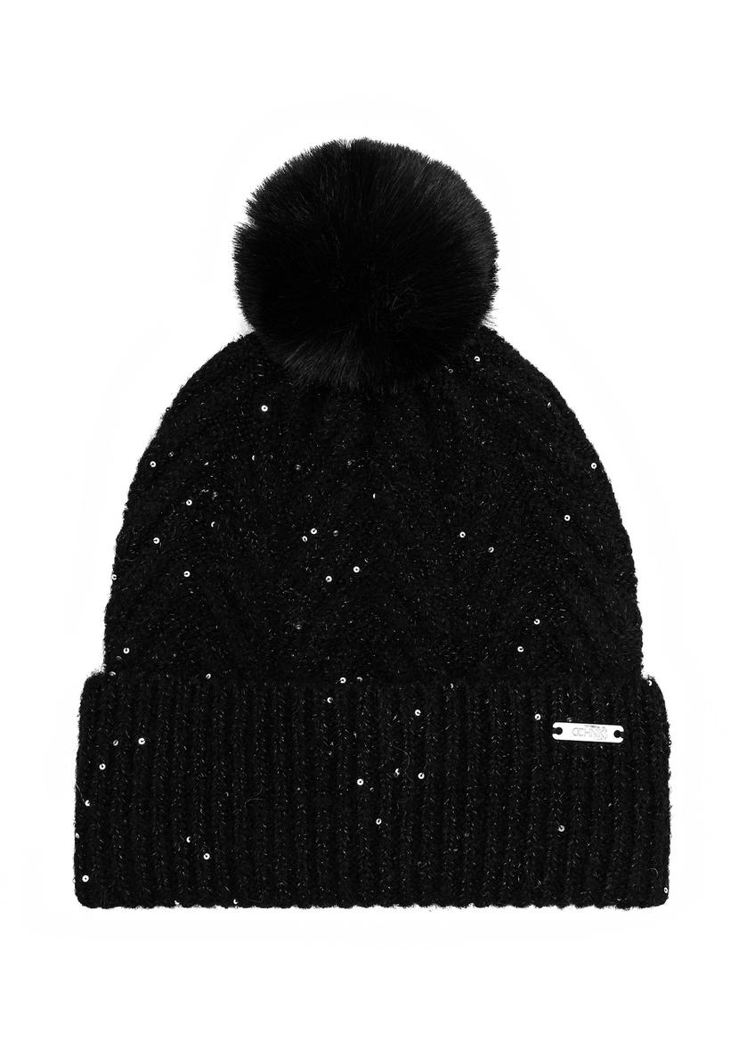 Black women's hat with sequins and pompom CZADT-0175-98(Z25), front product view on white background.