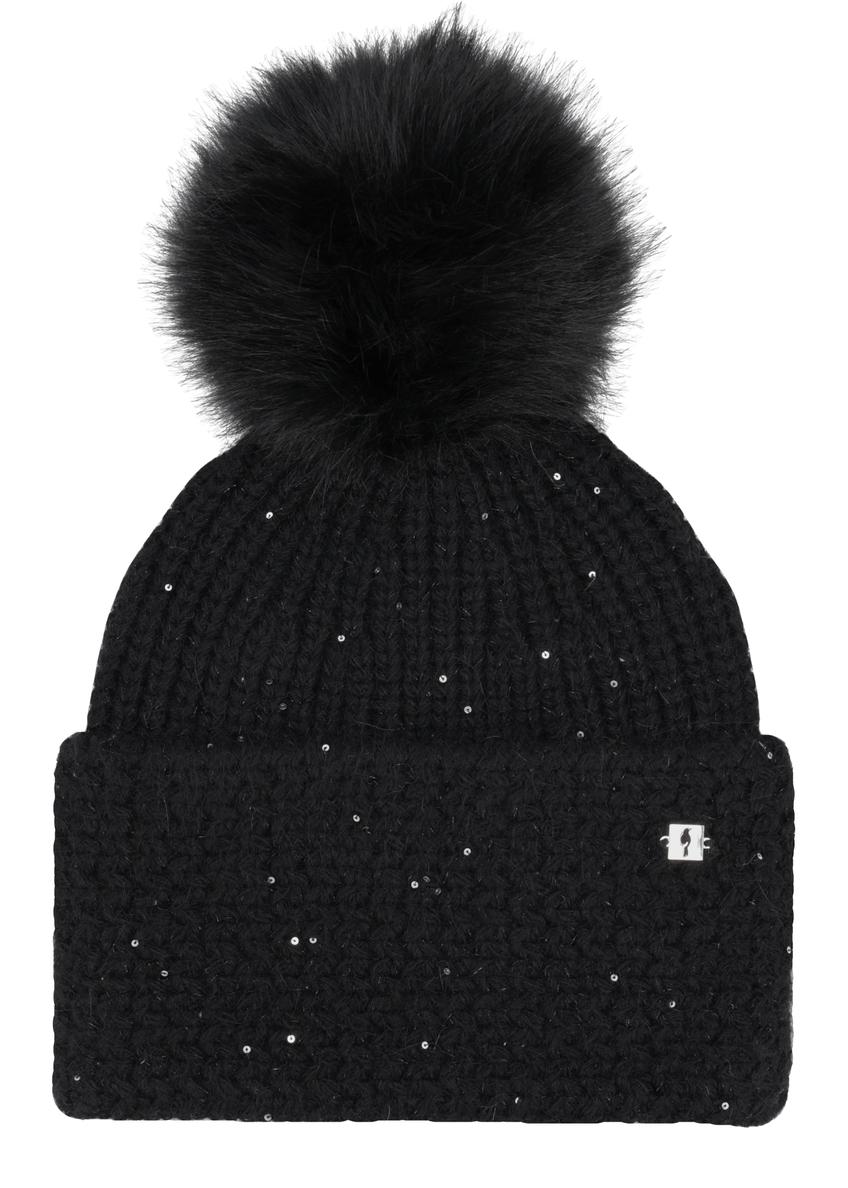 Black women's hat with pompom CZADT-0217-99(Z26), front product view on white background.