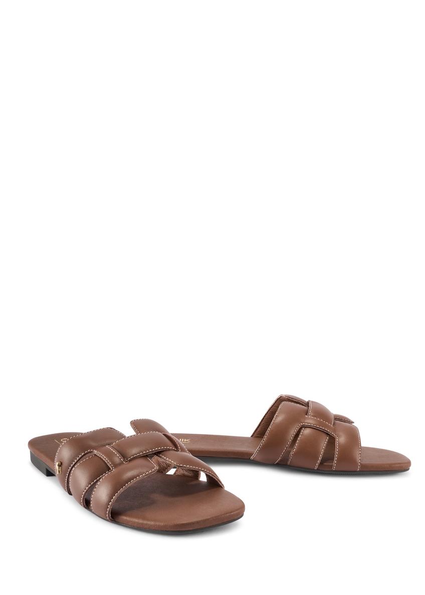 Camel leather women's flip-flops with braid BUTYD-1225-1D(W26)