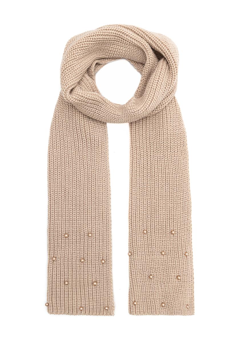 Beige women's scarf with pearls SZADT-0211-24(Z25), front product view on white background.