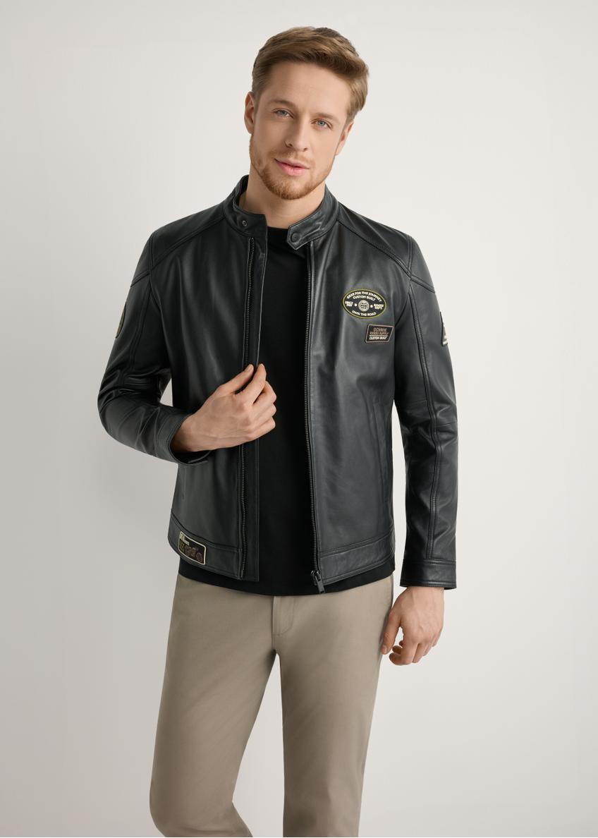 Men's black leather jacket KURMS-0301A-99(W26) - front view of the product, on a model, against a light background. Half of the silhouette visible.