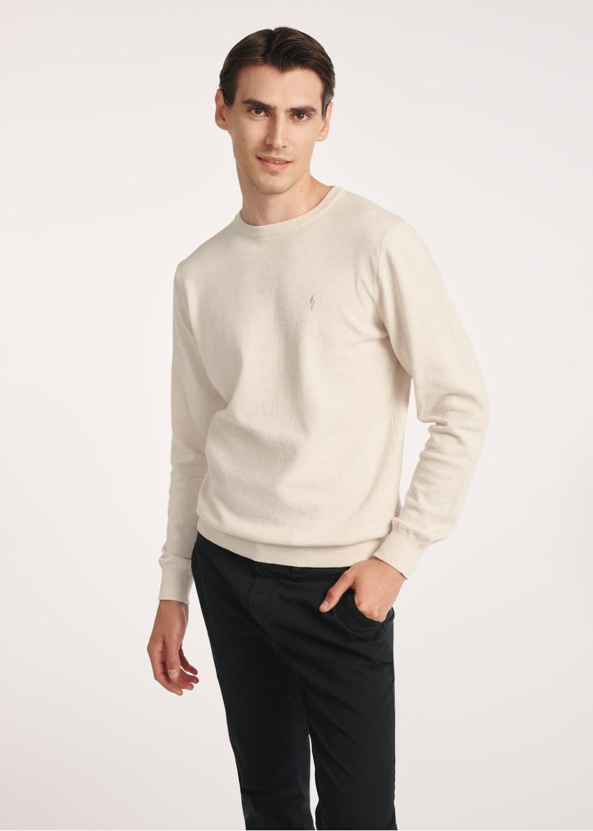 Beige men's cotton sweater SWEMT-0114A-1A(Z26), front product view on model. Half silhouette visible.