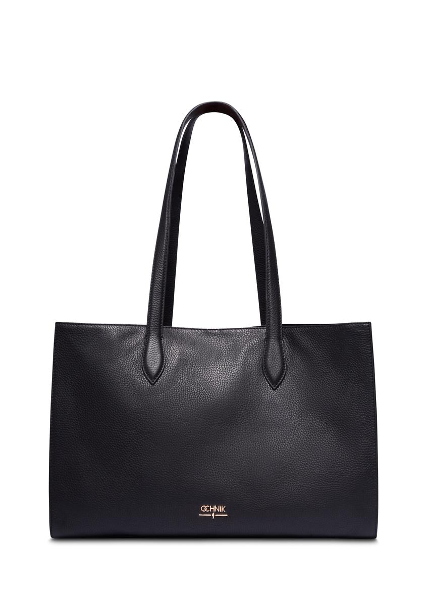 Black leather women's shopper bag TORES-1432-9I(Z26), front product view on white background.