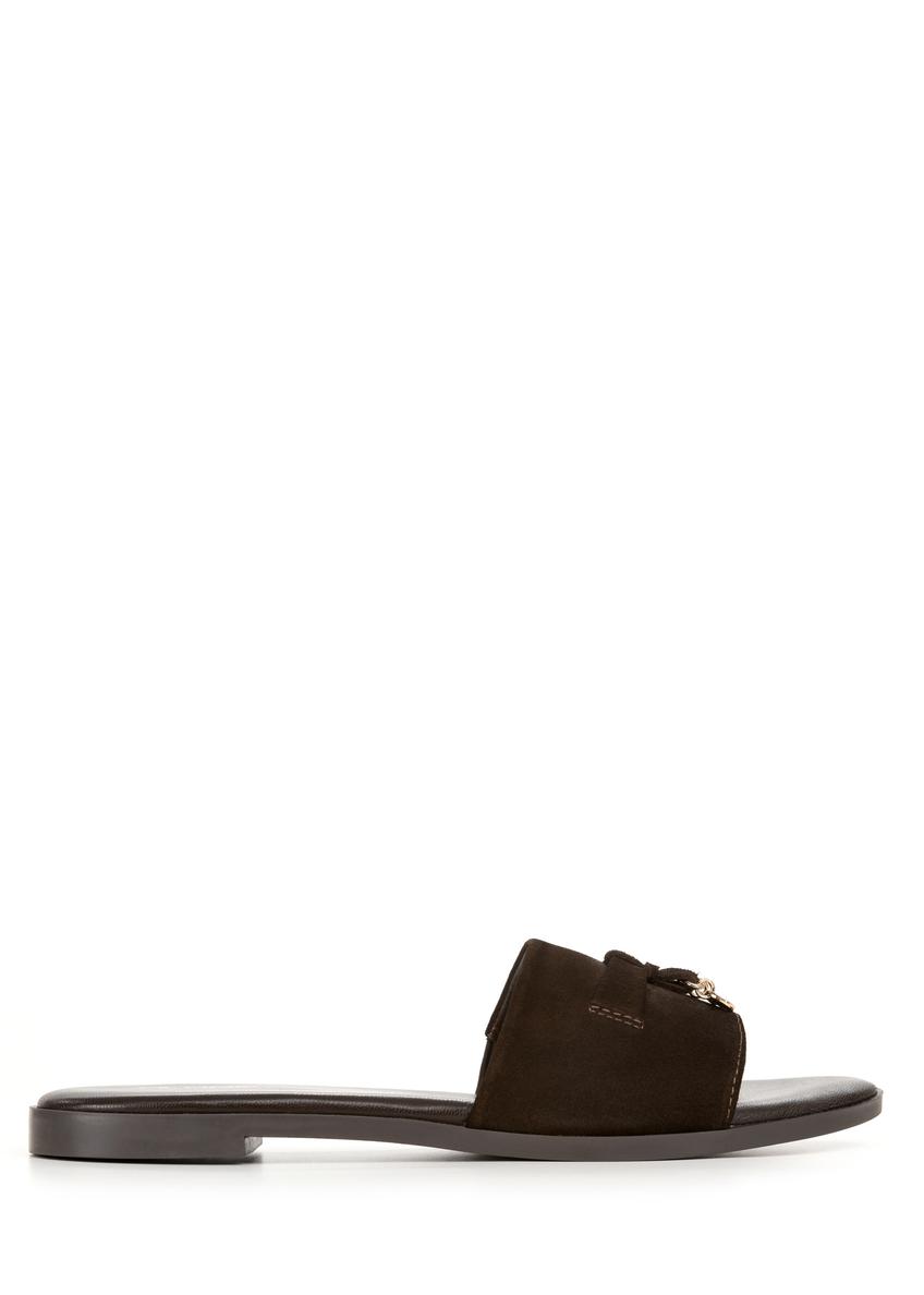 Women's suede slides in dark brown color BUTYD-1255-1I(W26), side view of the product on a white background.