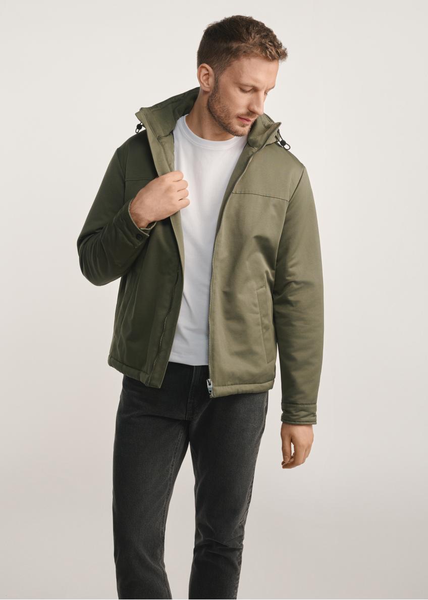 Men's khaki jacket KURMT-0386-54(Z25) - front product view on a model on a white background. Knee-length silhouette visible.