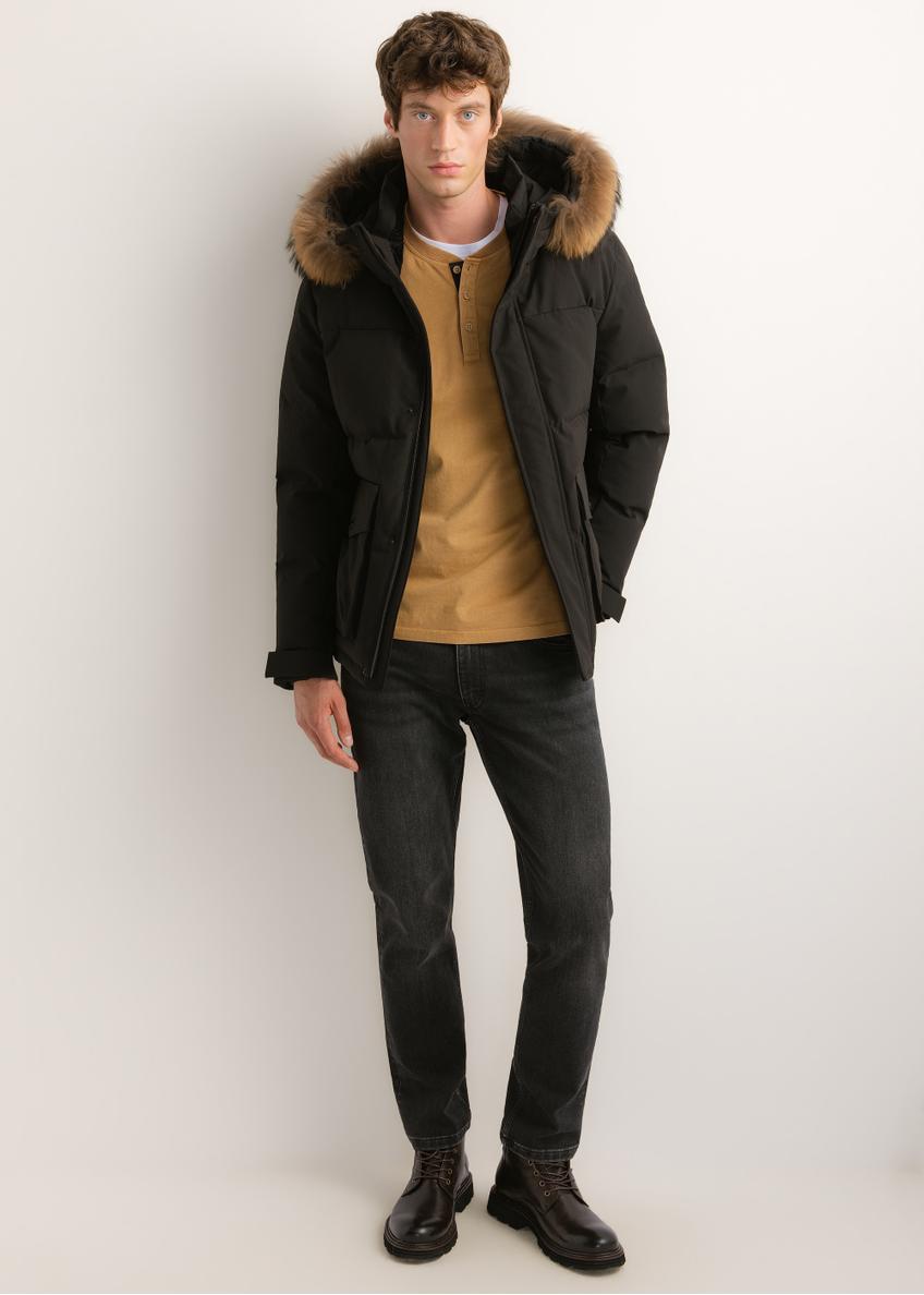 Men's black winter jacket KURMT-0434-99(Z26), front view on a model. Full-body shot.