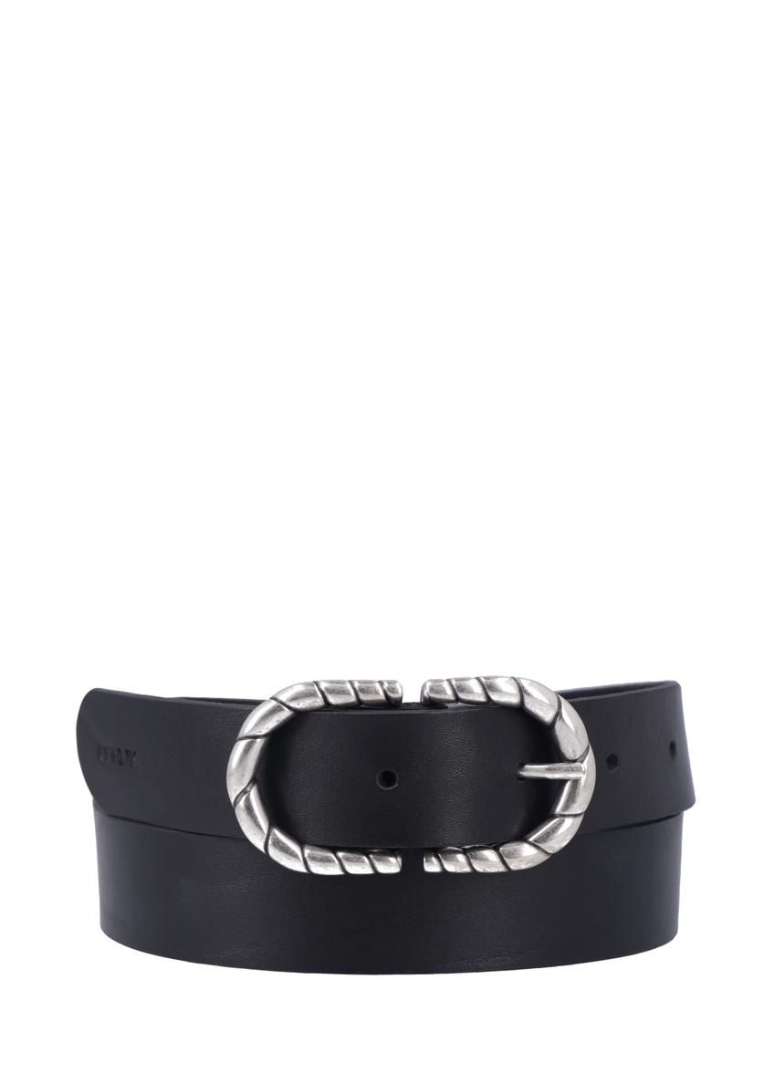 Black leather belt with decorative buckle PASDS-0354-99(Z26), front product view on white background.