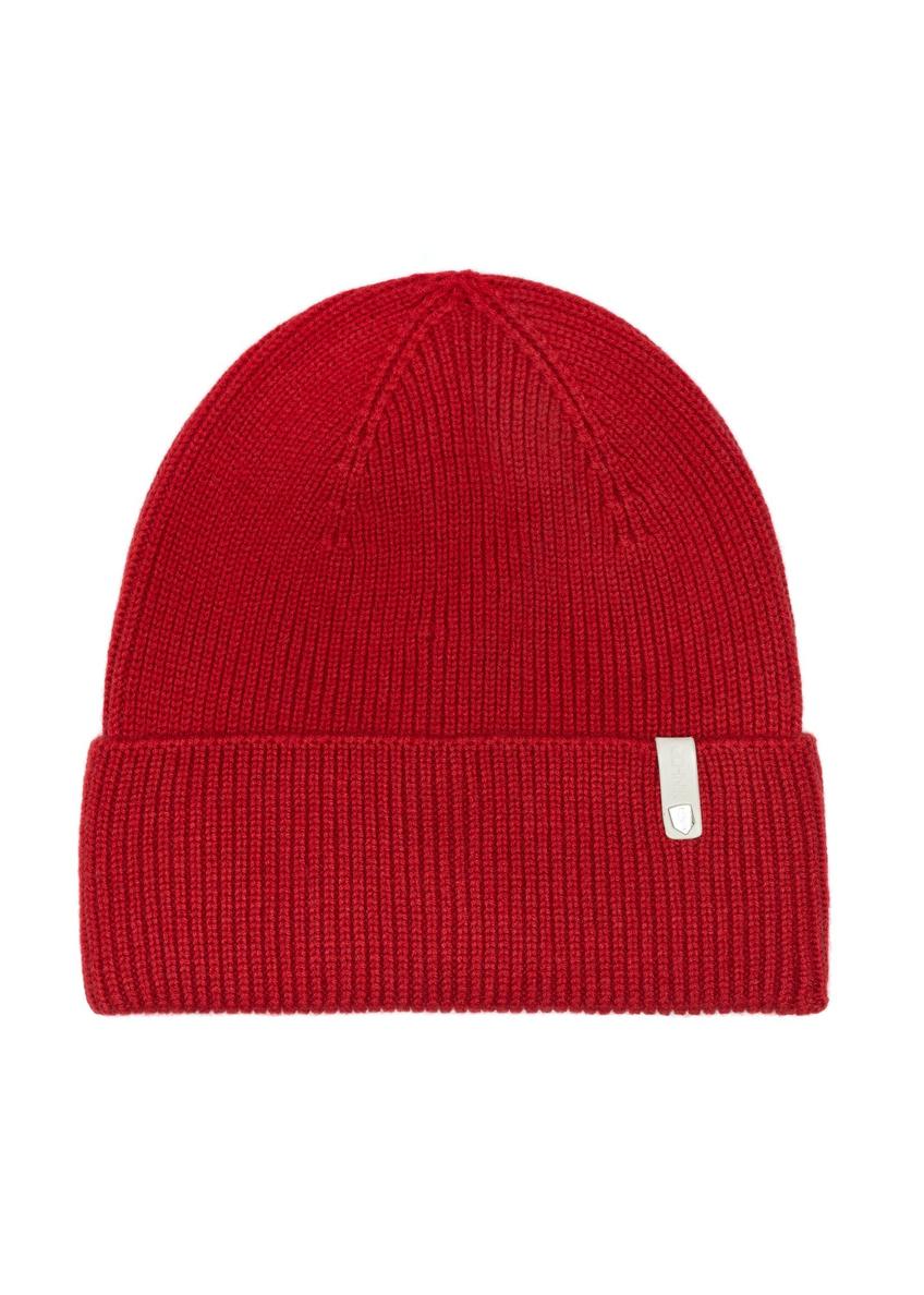 Red women's hat with merino wool CZADT-0178A-4B(Z26), product view from the front on a white background.