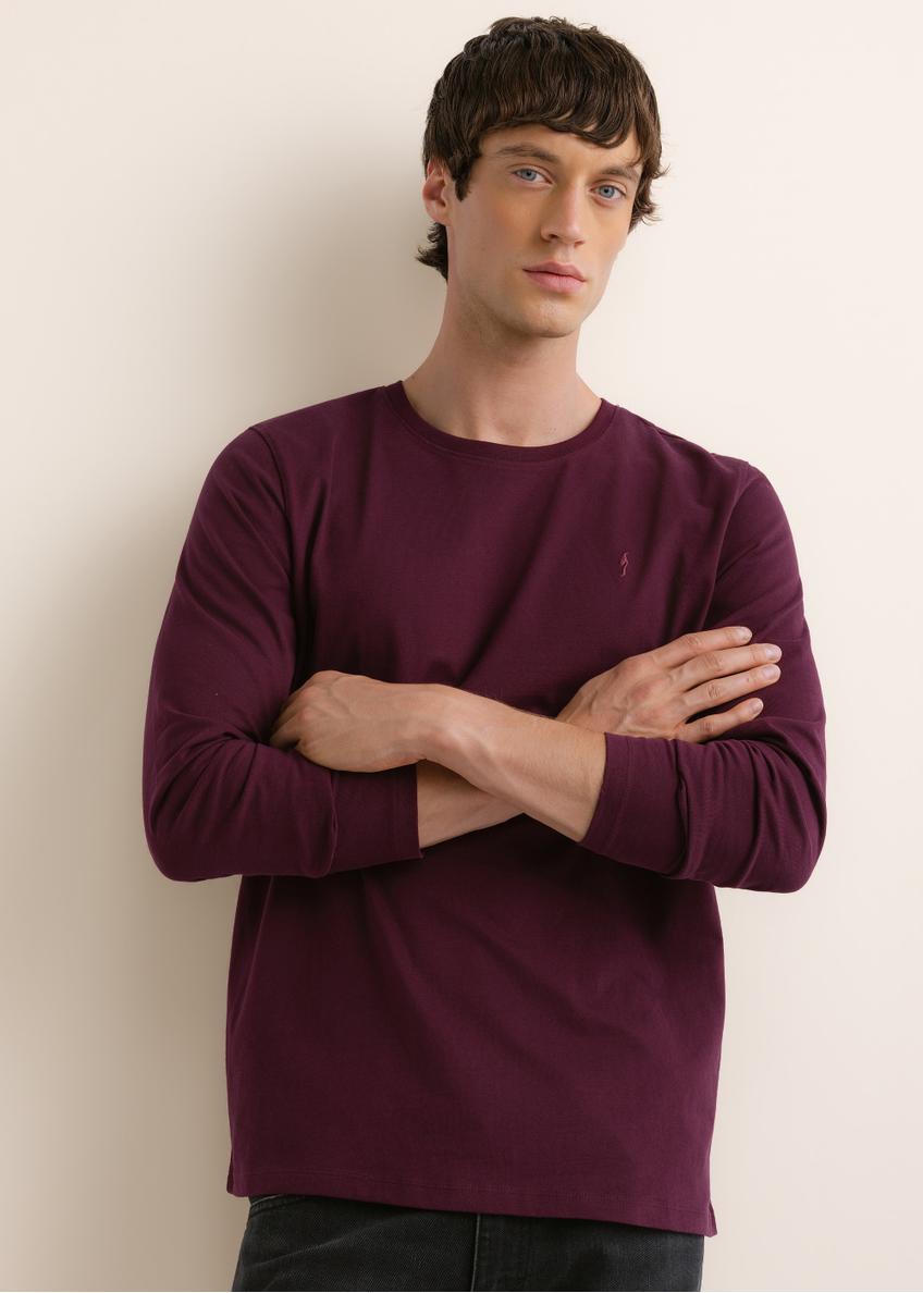 Men's burgundy cotton long-sleeve shirt LSLMT-0013-4D(Z26); front view of the product on a model. Half-body shot.