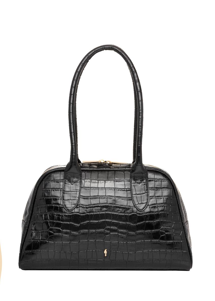 Black leather croco women's shoulder bag TORES-1325-9G(Z26), front product view on white background.