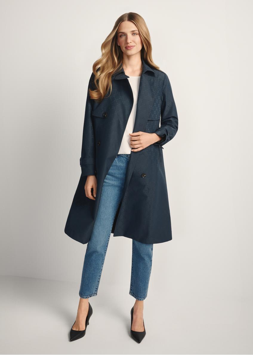 Navy blue women's coat with monogram KURDT-0651-7E(W26), front view of the product on the model. Full body visible.