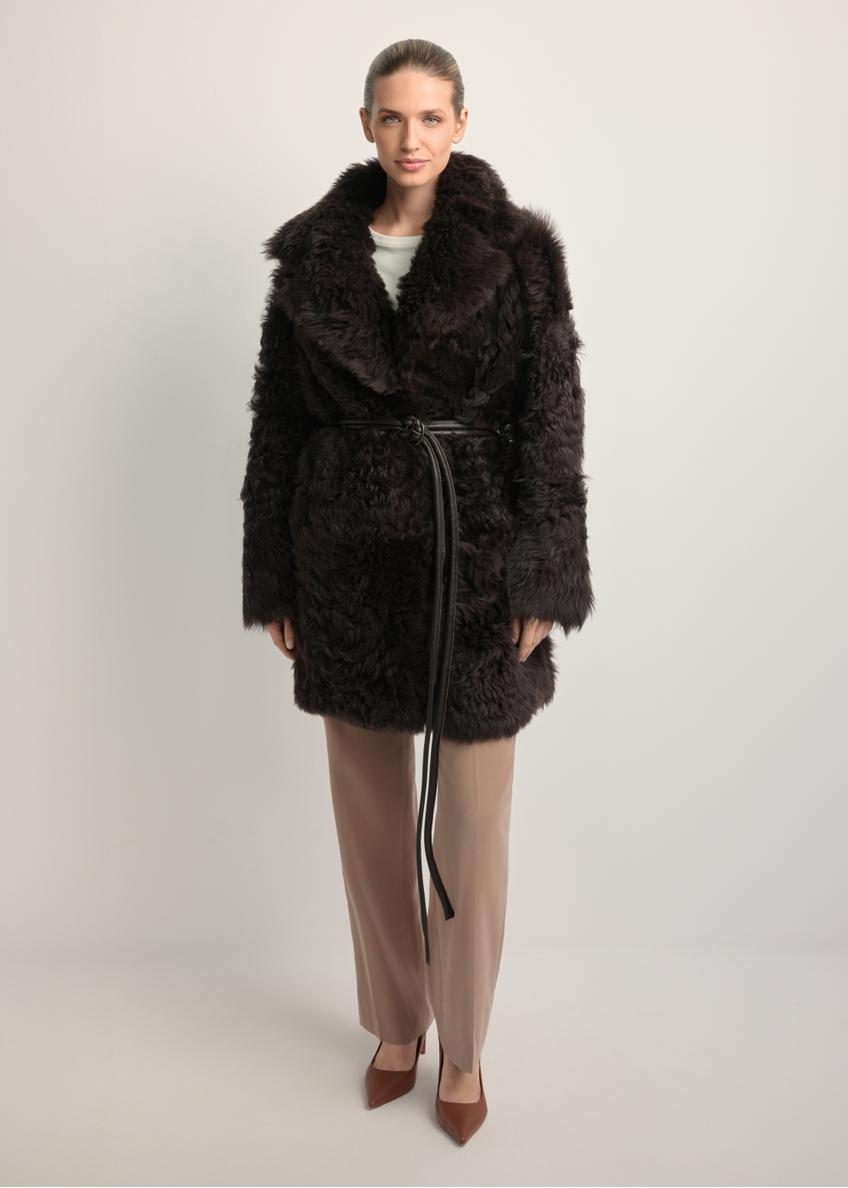 Women's brown double-sided sheepskin coat KOZDS-0090-1393(Z25), front view of the product on the model. Full body visible.