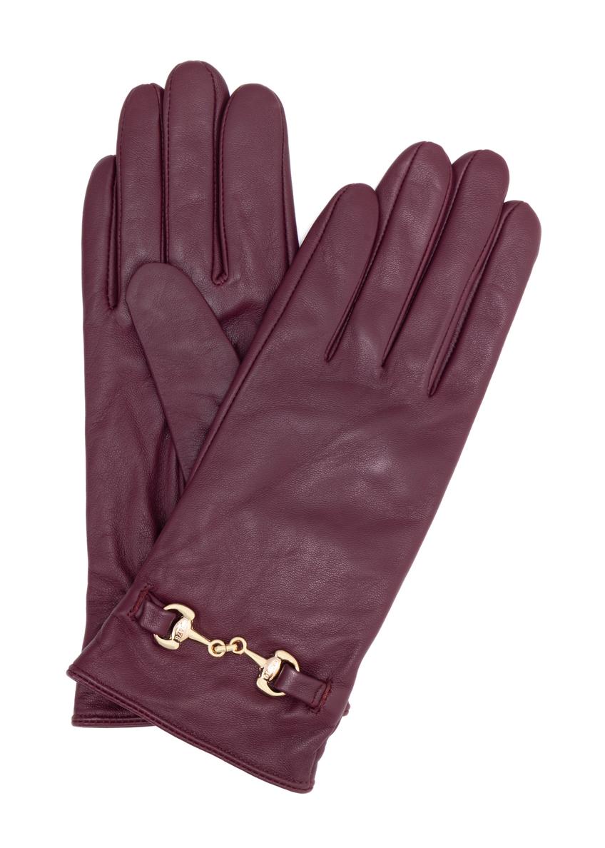 Burgundy women's leather gloves with buckle REKDS-0087-49(Z25), front product view on white background.