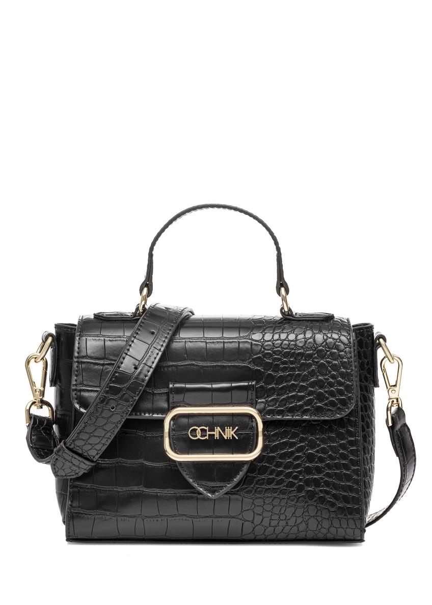 Black small women's croco handbag TOREC-0962A-97(Z25), front product view on white background.