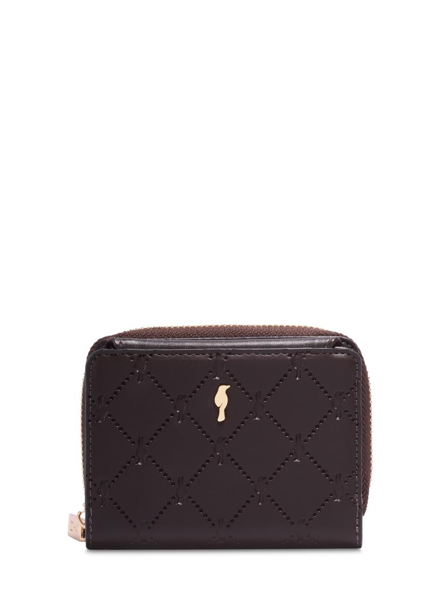 Small brown women's wallet with monogram POREC-0349A-1I(Z26), front product view on white background.