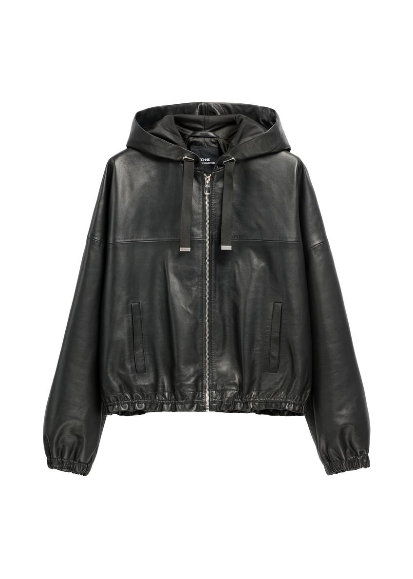 Women's Black Leather Jacket with Hood KURDS-0412-99(W26)
