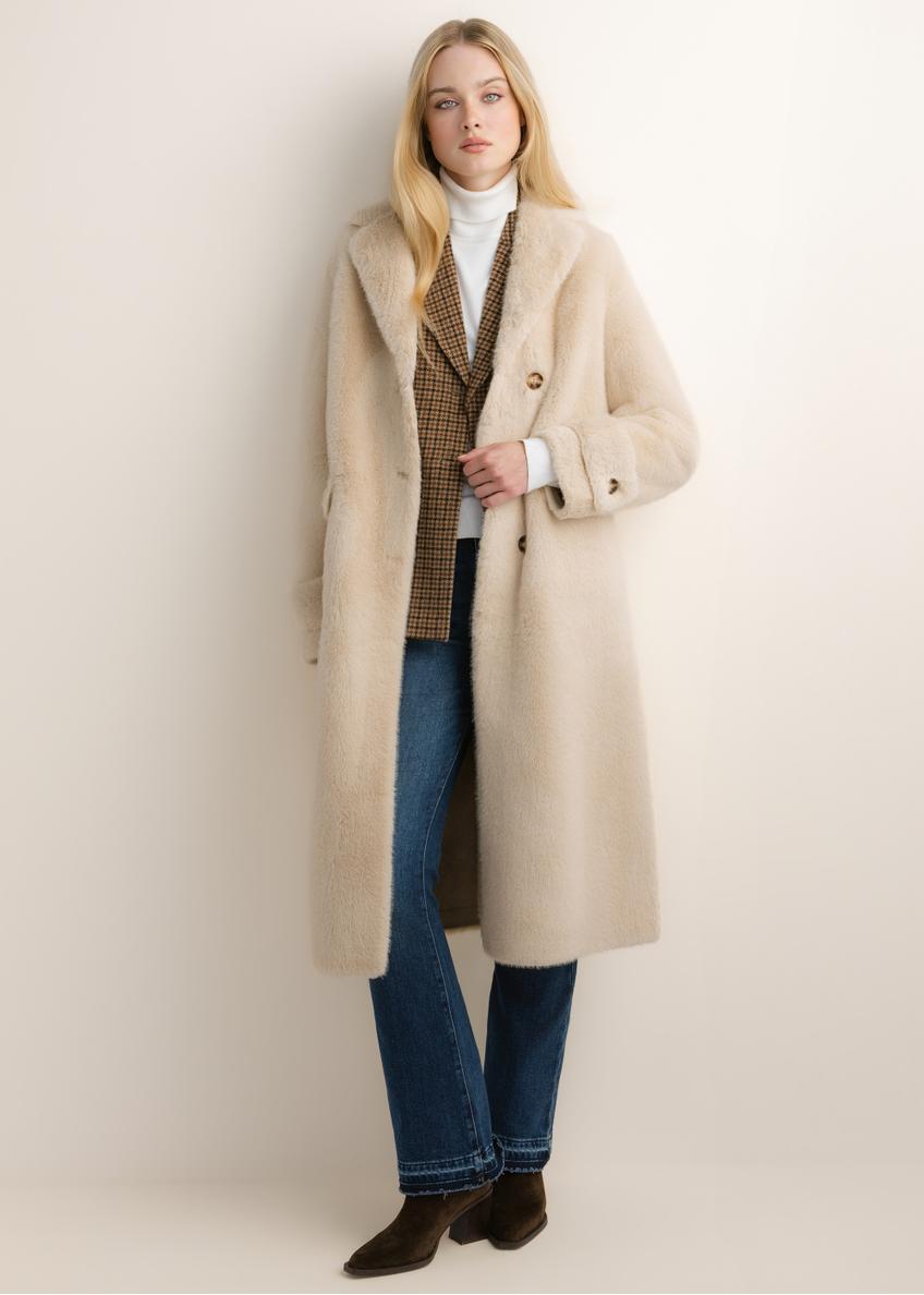 Women's beige long fur coat FUTDP-0080-1B(Z26), front view of the product on the model. The entire silhouette is visible.