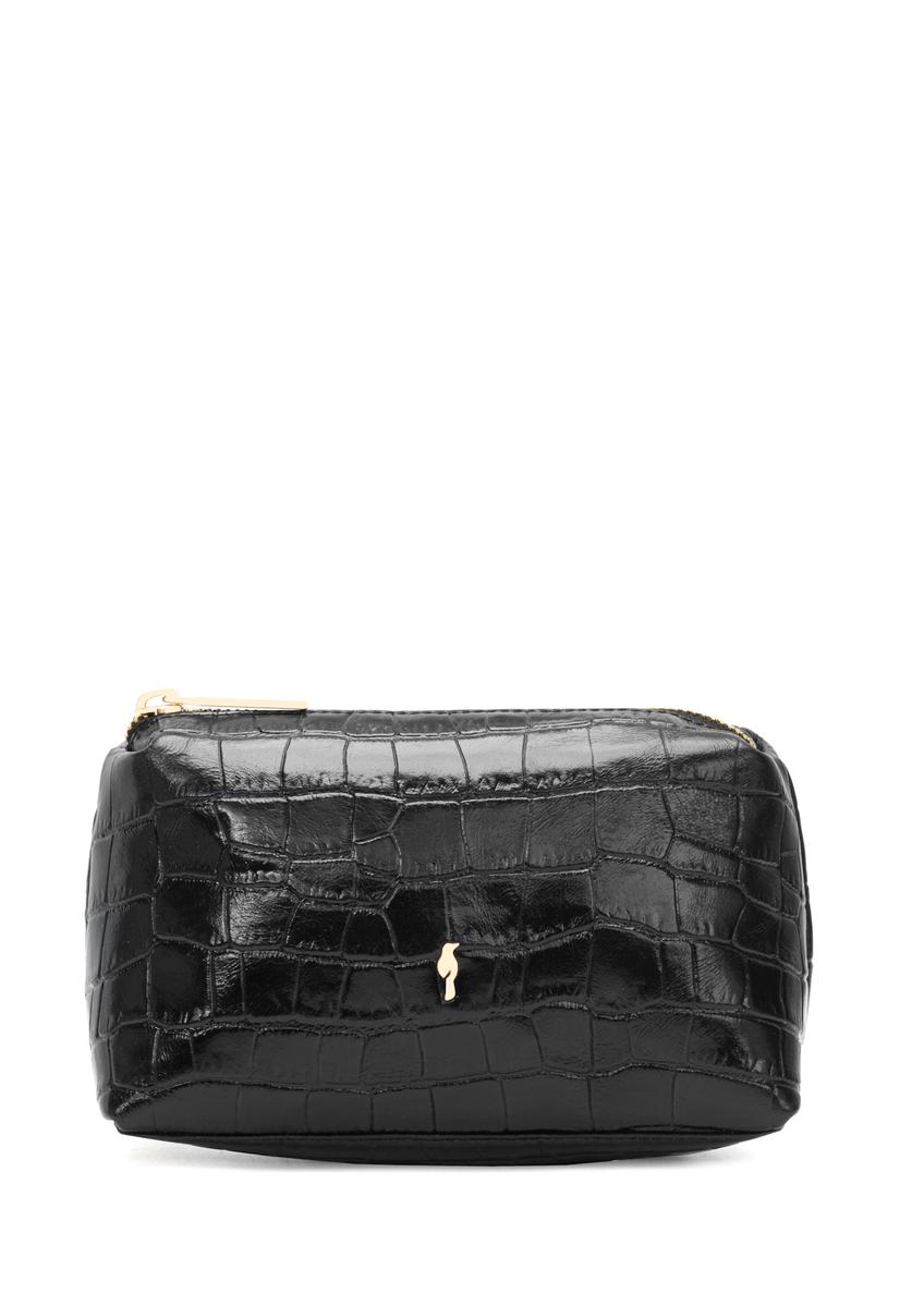 Black croco leather cosmetic bag TORES-1235-9G(W26), front product view on white background.