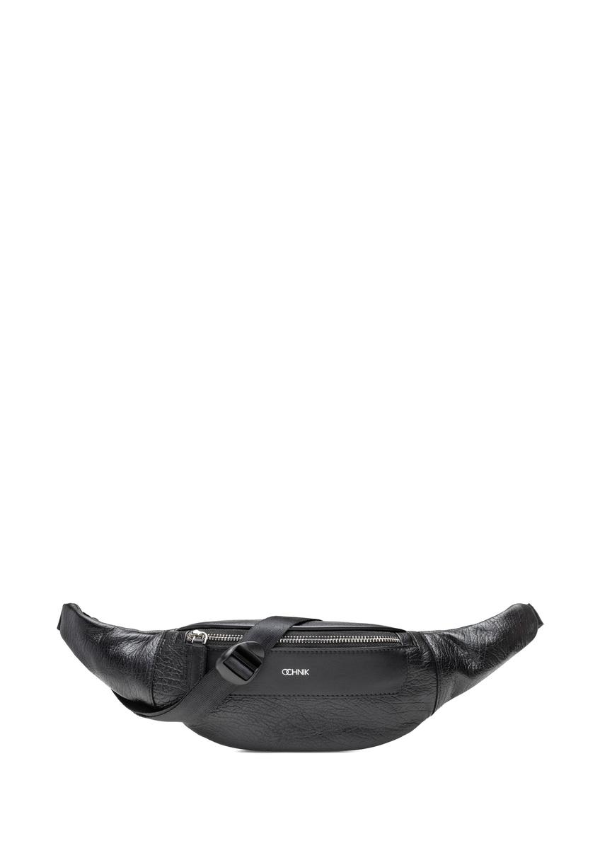 Men's black leather waist bag with logo TORMS-0295A-99(Z25) - front product view on white background.
