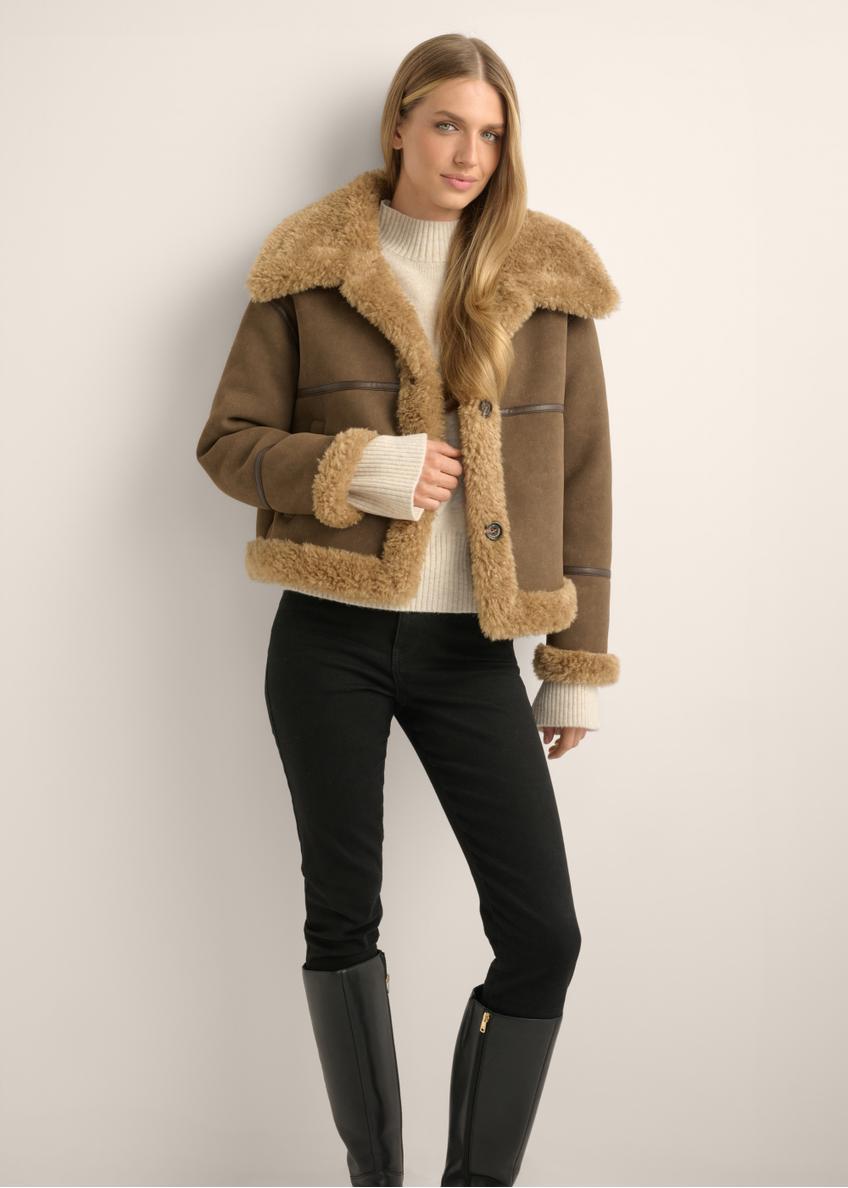 Women's brown short sheepskin coat KOZDP-0017-1H(Z26), front view of the product on a model. Full body visible.