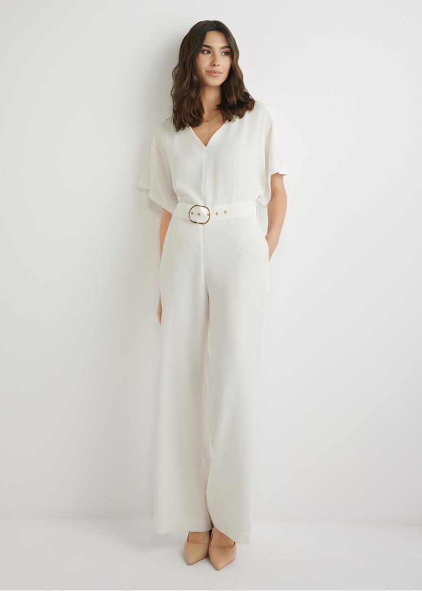 Women's cream jumpsuit KOBDT-0013-0B(W26), front view of the product on the model. Full body visible.