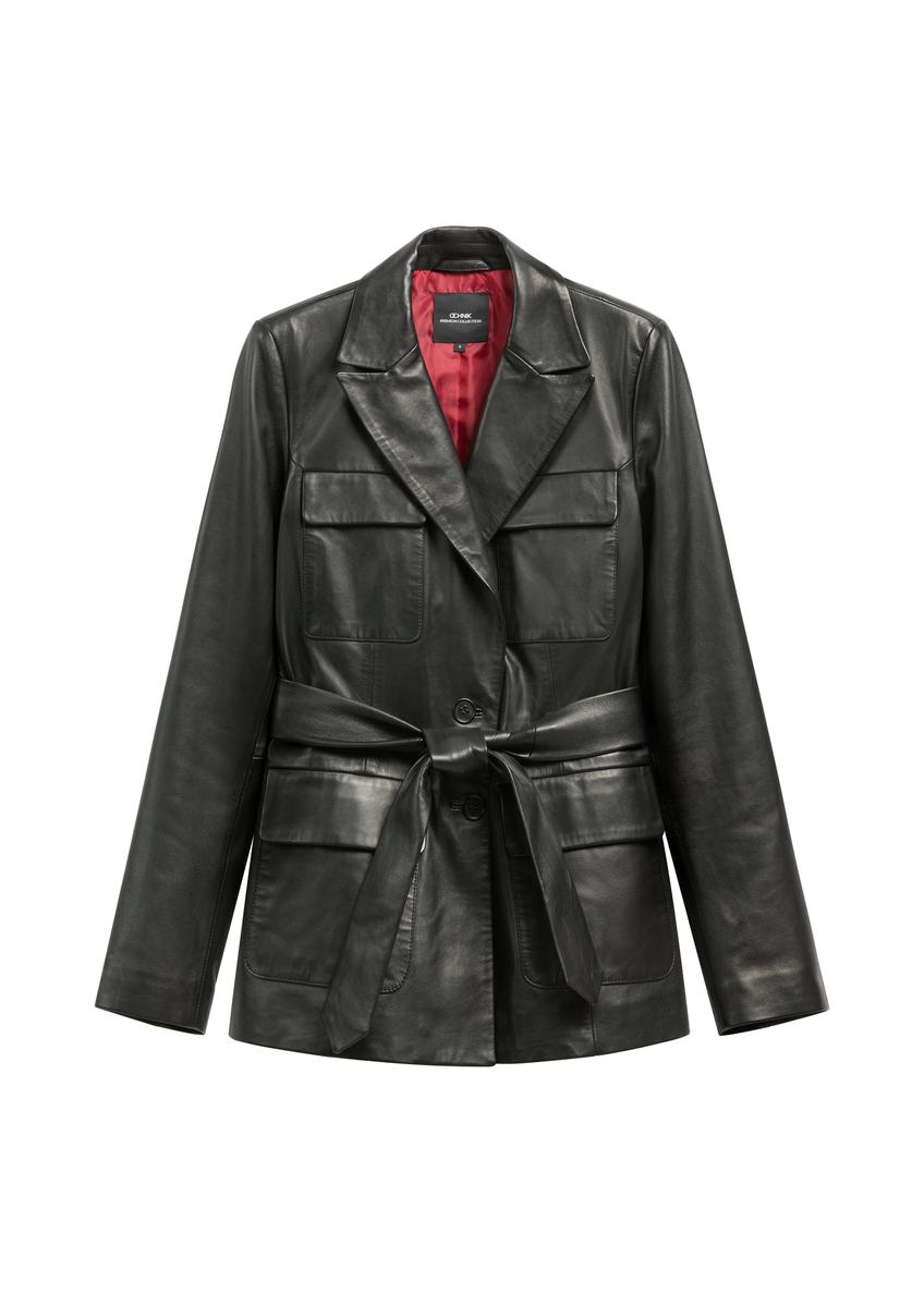 Women's black leather jacket with belt KURDS-0545-99(W26)