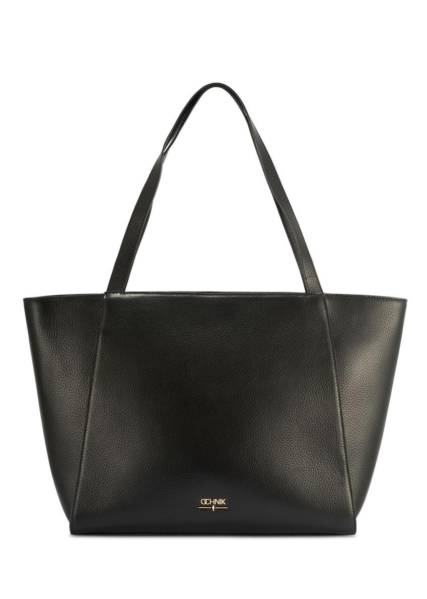 Black leather shopper bag TORES-1209-9I(W26) - front product view, on white background.