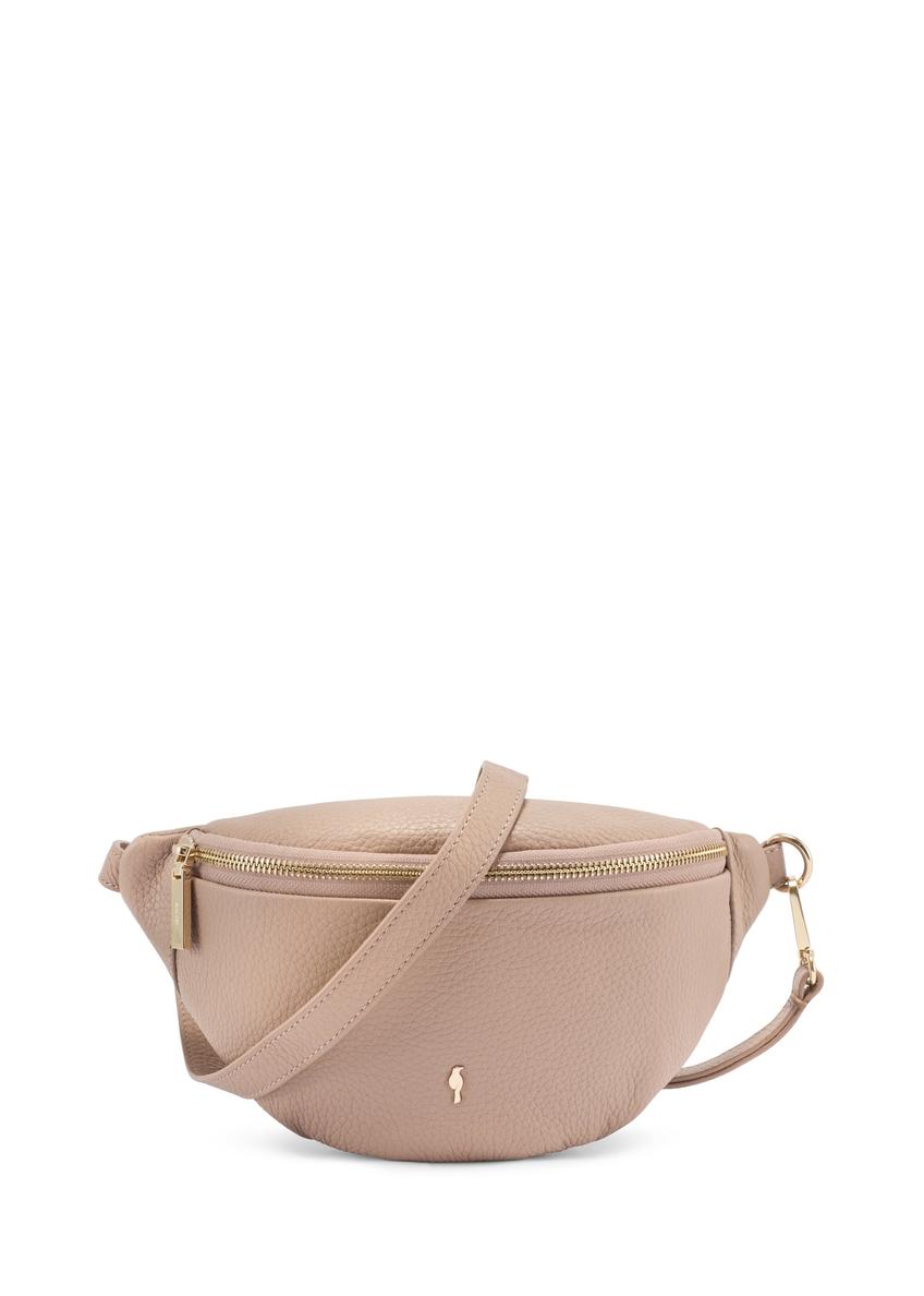 Women's pink leather waist bag TORES-0894E-5D(W26), front product view on white background.
