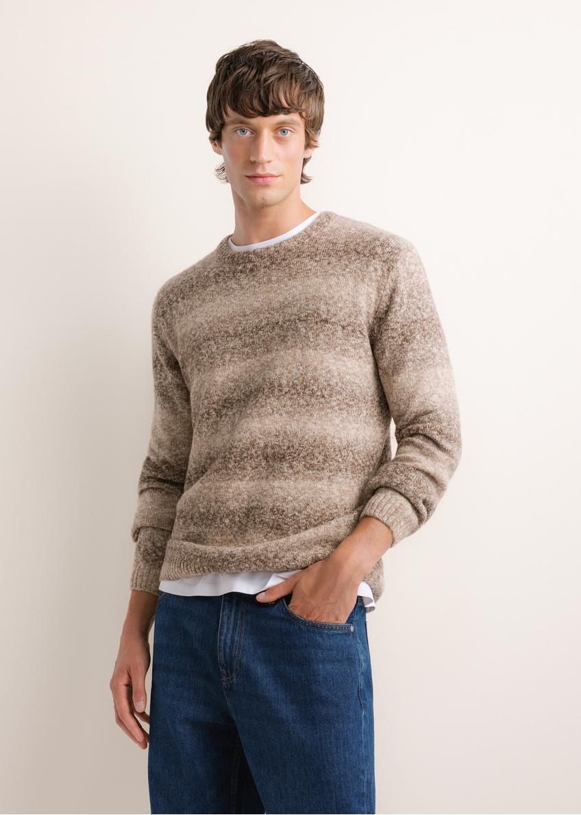 Men's brown striped sweater SWEMT-0219-1I(Z26), front view on a model. Half-body shot.