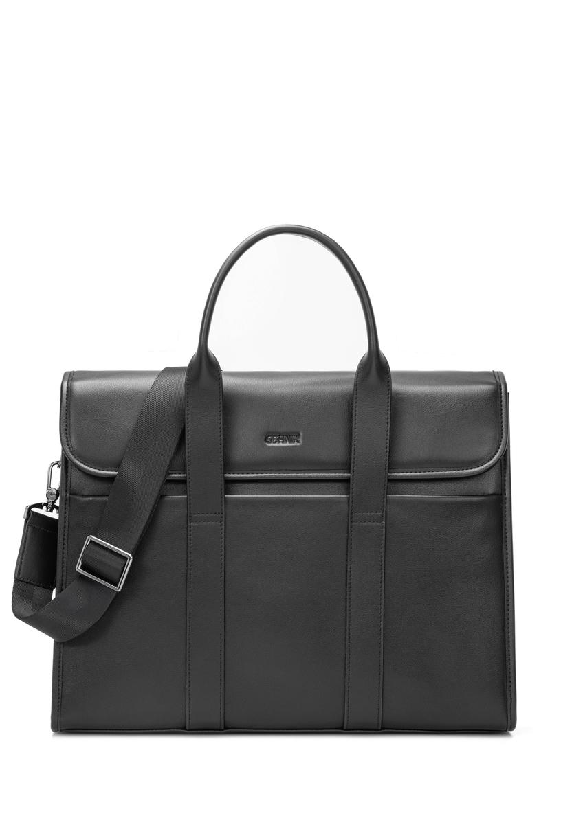 Black leather men's briefcase TORMS-0508-99(W26), front product view on white background.