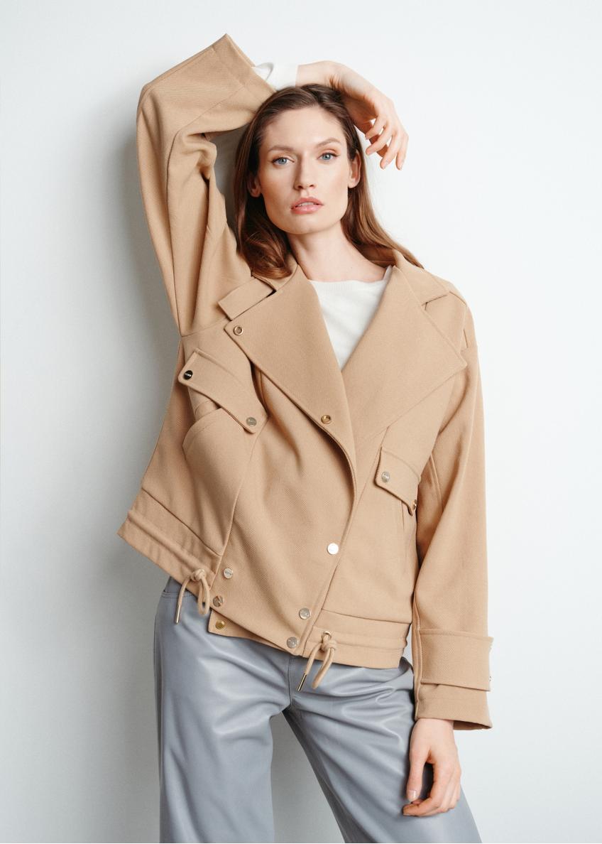 Women's short beige ribbed coat KURDT-0499-81(W24)