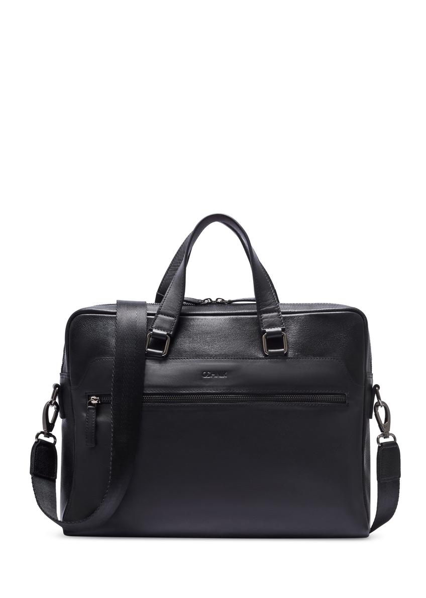 Black leather laptop bag TORMS-0496-99(W26) - front product view, on white background.