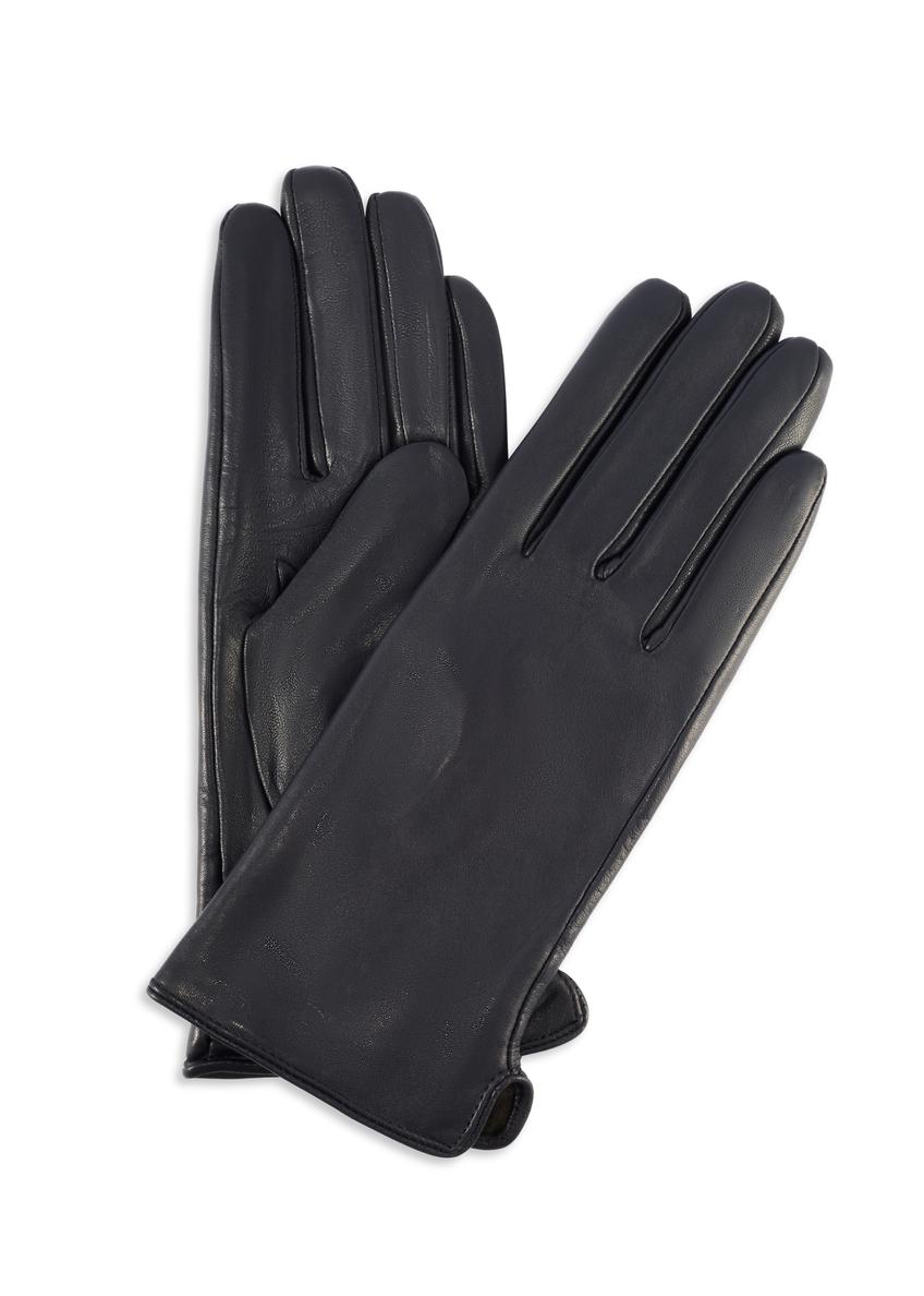 Navy blue women's leather gloves REKDS-0001A-69(Z25), product view from the front and back on a white background.