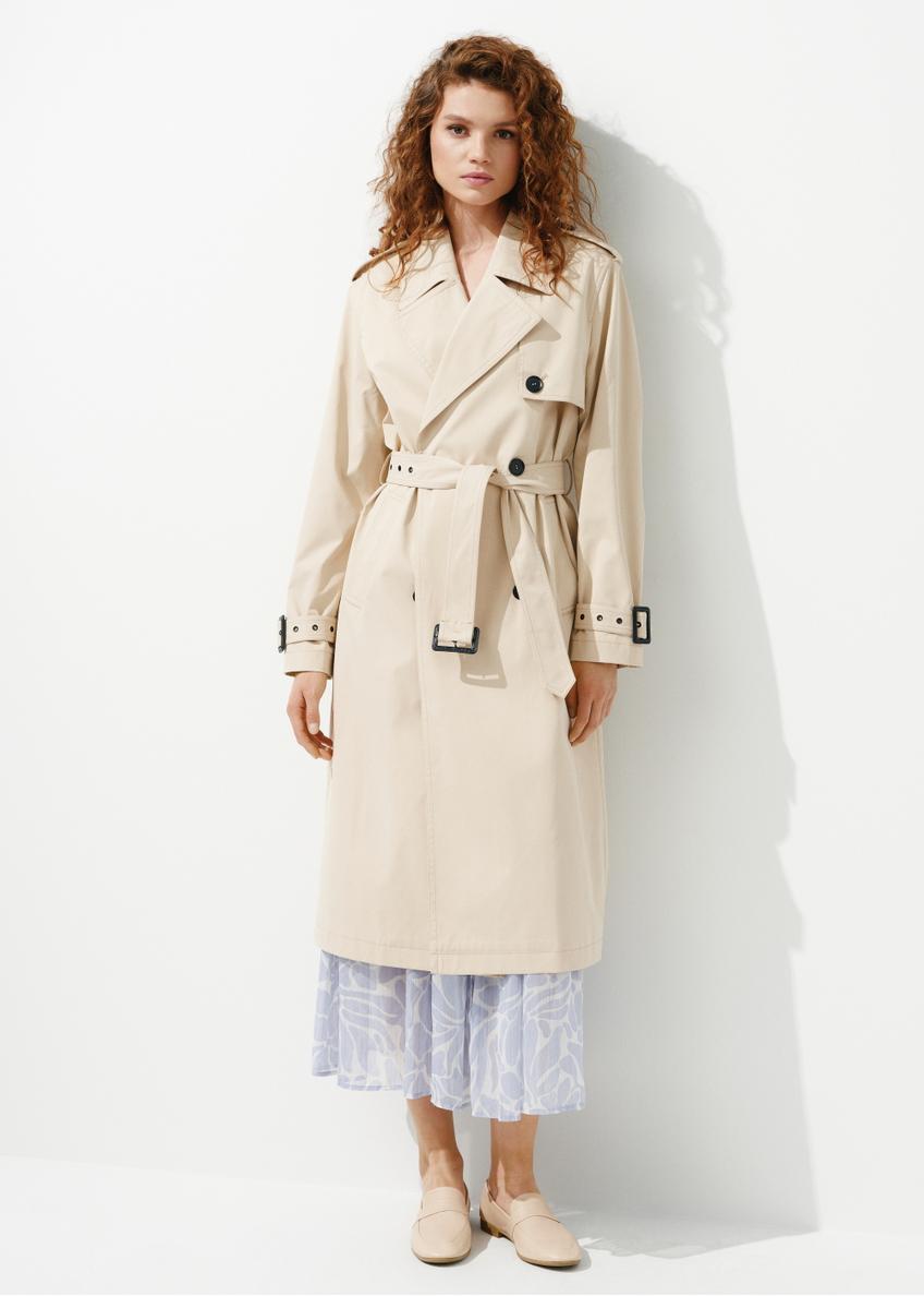 Beige women's coat with belt KURDT-0512-81(W24)-01