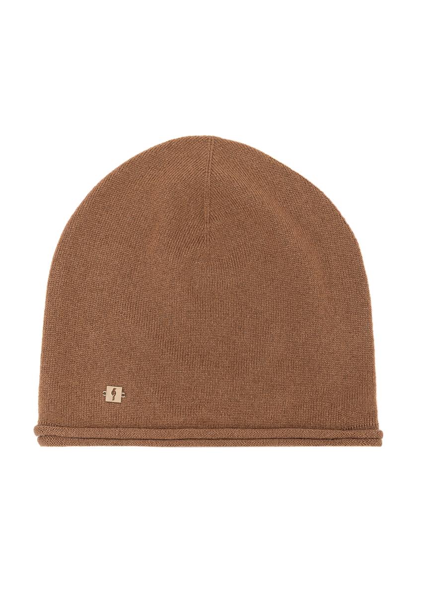 Caramel women's cashmere hat CZADT-0043-24(Z25), product view from the front on a white background.