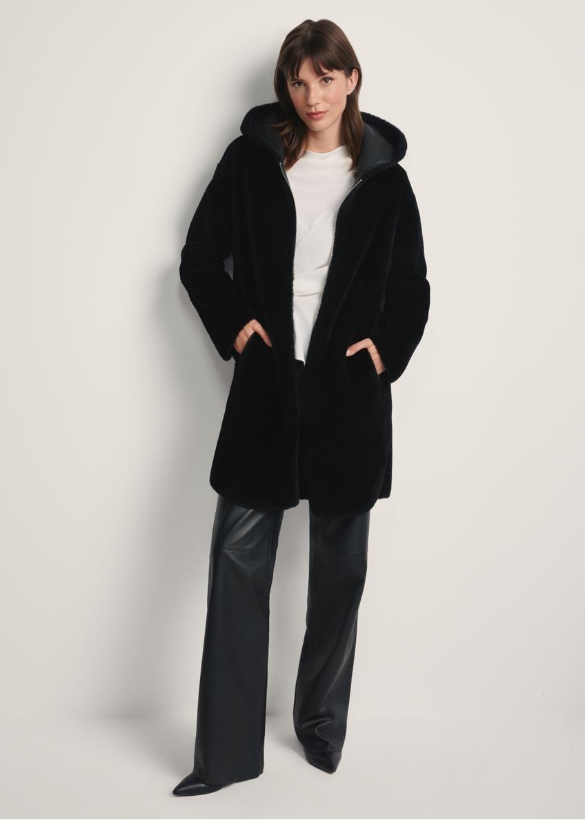 Women's black fur coat with hood FUTDP-0073-99(Z25) - front view of the product on a model against a white background. Full body visible.
