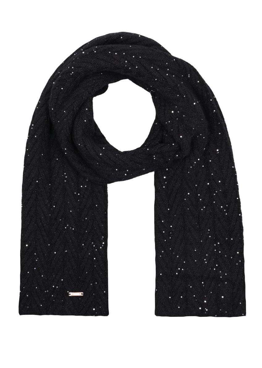Black women's scarf with sequins SZADT-0220-99(Z26), front product view on white background.